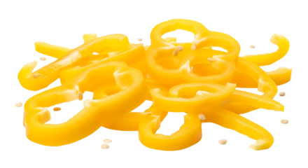Heap of sliced yellow bell pepper isolated on transparent background, showcasing its vibrant color and juicy texture, perfect for culinary and healthy eating themes