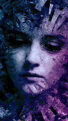 Fragmented Portrait Dissolving Into Crystalline Particles Blending Blue Purple Hues Suggesting Digital Transformation Identity