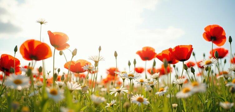 Field of colorful wildflowers in sunny day. Red poppies and white daisies grow in green grass. Summer meadow flowers background. Floral scene with sunlight on blue sky.