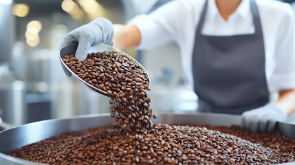 A close-up of a worker handling fresh coffee beans in a roasting facility, showcasing the rich texture and color of the beans.