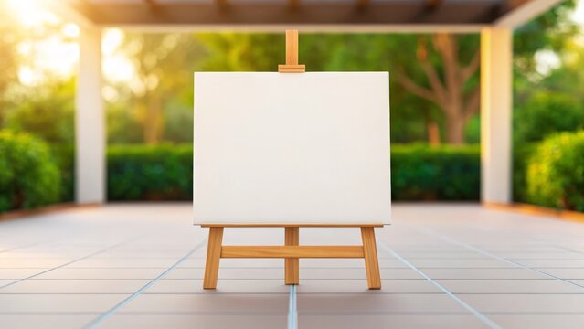 Blank canvas on wooden easel outdoors