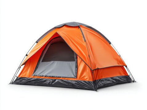 Comfortable orange camping tent isolated on white background, camping travel in the forest