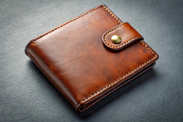 Classic Brown Leather Wallet with Button on Grey Background