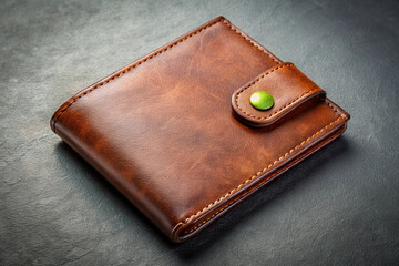 Classic Brown Leather Wallet with Button on Grey Background