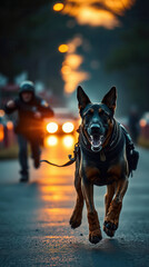 K9 Police Dog Leads Pursuit On Wet Street Highlighting Speed, Detection, Swift Justice, And Urban Action.