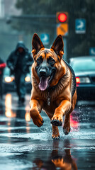 K9 Police Dog Leads Pursuit On Wet Street Highlighting Speed, Detection, Swift Justice, And Urban Action.