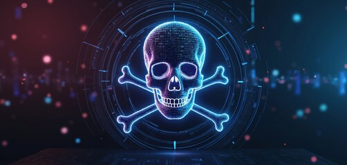 Digital skull, crossbones on binary code background. Blue neon skull with crossbones on circle. Cyber threat symbol in dark cyberpunk style. Hacker icon with binary code. Computer screen with warning