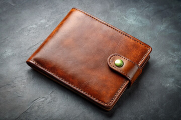 Classic Brown Leather Wallet with Button on Grey Background