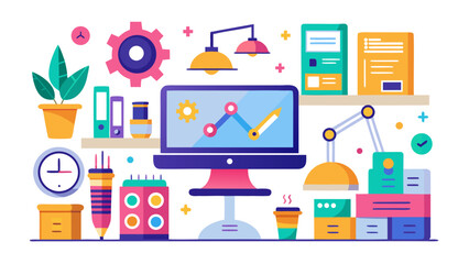 Modern office workspace with technology and data visualization