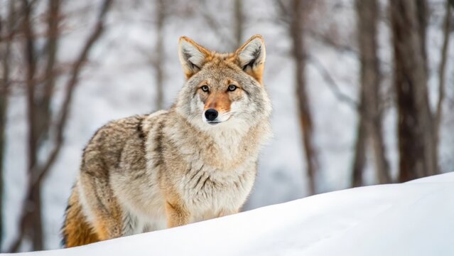 Coyote standing in snow with a close up look