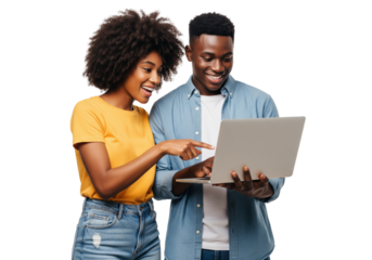 Happy couples using laptop isolated on white or transparent background