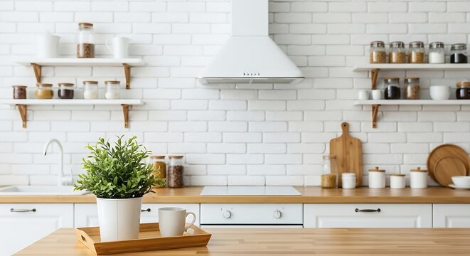 Bright and modern kitchen interior with white brick wall, wooden countertops, open shelves, and a green plant on a table