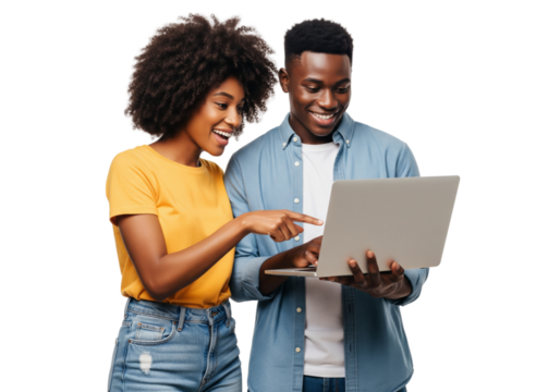 Happy couples using laptop isolated on white or transparent background