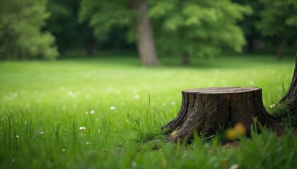 Green field with tree stump in meadow. Wildflowers dot grass surrounding weathered wood. Tranquil landscape evokes natures cycle of growth, decay. Suitable for themes on ecology, forestry rural life.