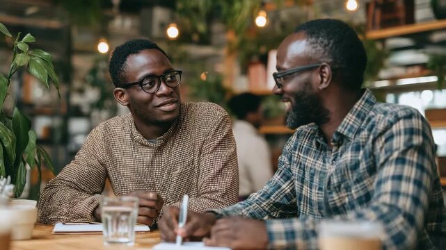 Two african american men smiling and talking at a cafe, business meeting