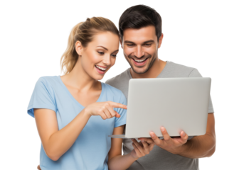 Happy couples using laptop isolated on white or transparent background