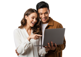 Happy couples using laptop isolated on white or transparent background