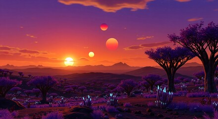 Surreal Alien Landscape with Three Suns Setting Over Purple Terrain and Crystalline Plants
