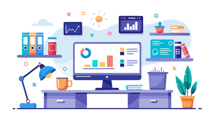 Modern home office setup with data visualization and desk accessories