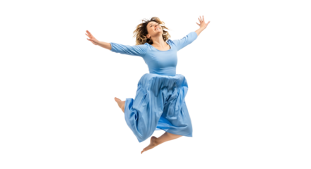 Joyful woman in a blue dress jumping with arms outstretched isolated on transparent background full length studio shot of a happy female dancer