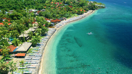 Jemeluk Bay Amed Aerial, Turquoise Water, Coral Reef And Fishing Boats