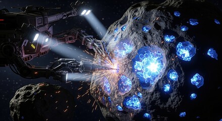 Futuristic Robot Mining Asteroid with Radiant Blue Crystals in Deep Space Environment