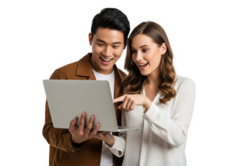 Happy couples using laptop isolated on white or transparent background