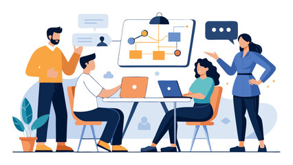 Diverse team collaborating on a project with a flowchart