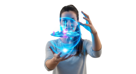 A young woman is holding a glowing digital globe in her hands isolated on transparent background she is looking at the globe with a smile on her face