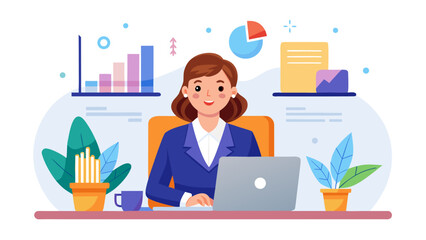 Businesswoman working at desk with charts and laptop