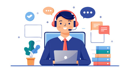 Customer service representative with laptop and chat bubbles