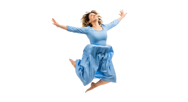 Joyful woman in a blue dress jumping with arms outstretched isolated on transparent background full length studio shot of a happy female dancer