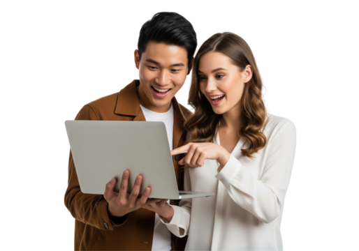 Happy couples using laptop isolated on white or transparent background