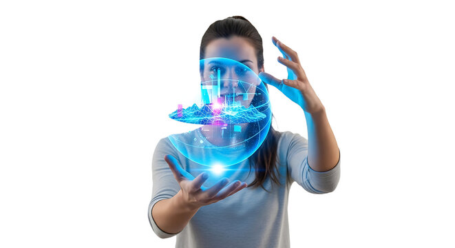 A young woman is holding a glowing digital globe in her hands isolated on transparent background she is looking at the globe with a smile on her face