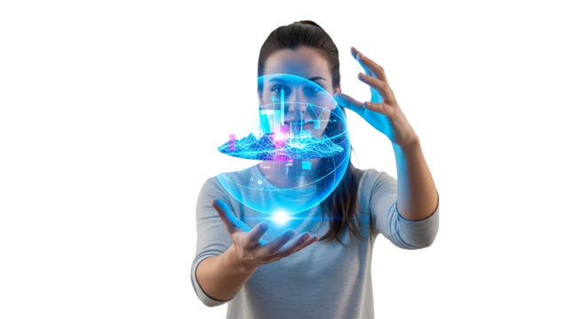 A young woman is holding a glowing digital globe in her hands isolated on transparent background she is looking at the globe with a smile on her face