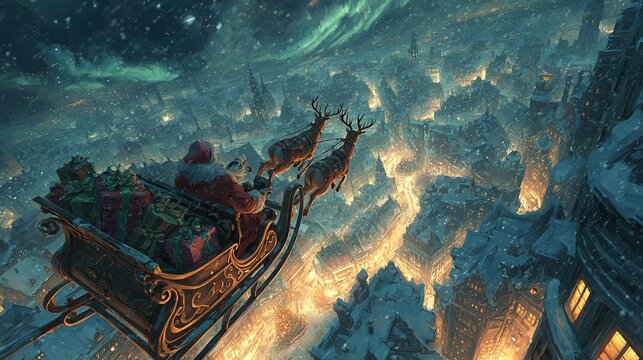 Santa claus in his sleigh pulled by reindeer soaring above a glowing, snow-covered city at night, delivering christmas presents during a magical winter journey