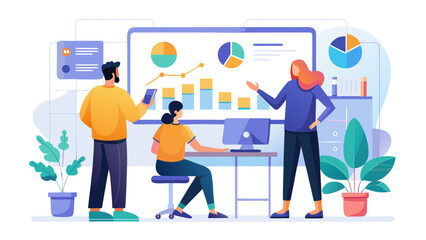 Team collaborating on business analytics and data presentation