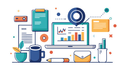 Modern office workspace with data analysis and planning tools