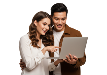 Happy couples using laptop isolated on white or transparent background