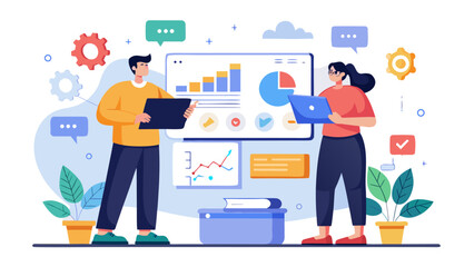 Business team analyzing data and charts on a screen