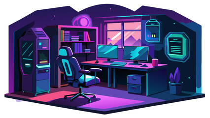 Futuristic gaming room with dual monitors and neon lighting