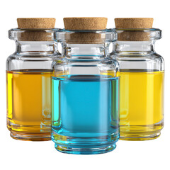 Three glass bottles with corks isolated on transparent background