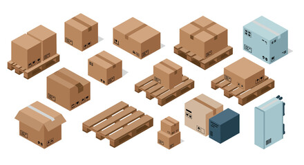 Fototapeta premium Isometric cardboard box and wooden pallet set for shipping and storage solutions