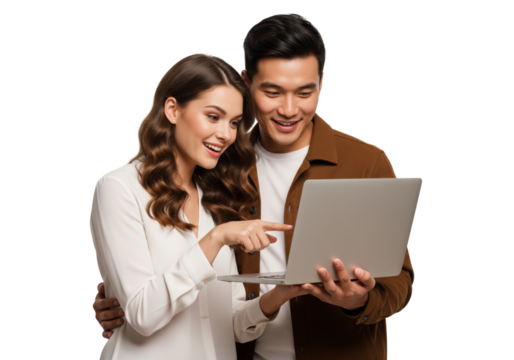 Happy couples using laptop isolated on white or transparent background - Powered by Adobe