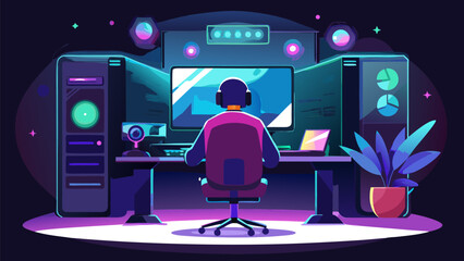 Gamer at a futuristic computer setup in a dark room