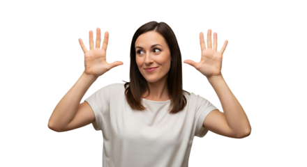 Smiling woman holding up ten fingers on transparent background, demonstrating counting, education, and communication with a cheerful expression