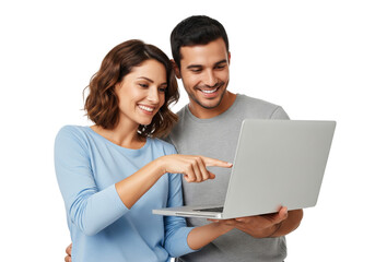 Happy couples using laptop isolated on white or transparent background