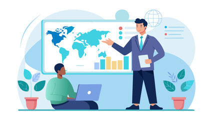 Business professionals analyzing global data on a presentation screen