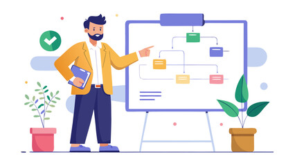 Man presenting a flowchart on a whiteboard