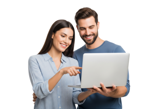 Happy couples using laptop isolated on white or transparent background - Powered by Adobe